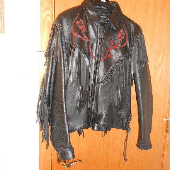Womens Fringed Black Leather Motorcycle Jacket - Picture 1 of 16